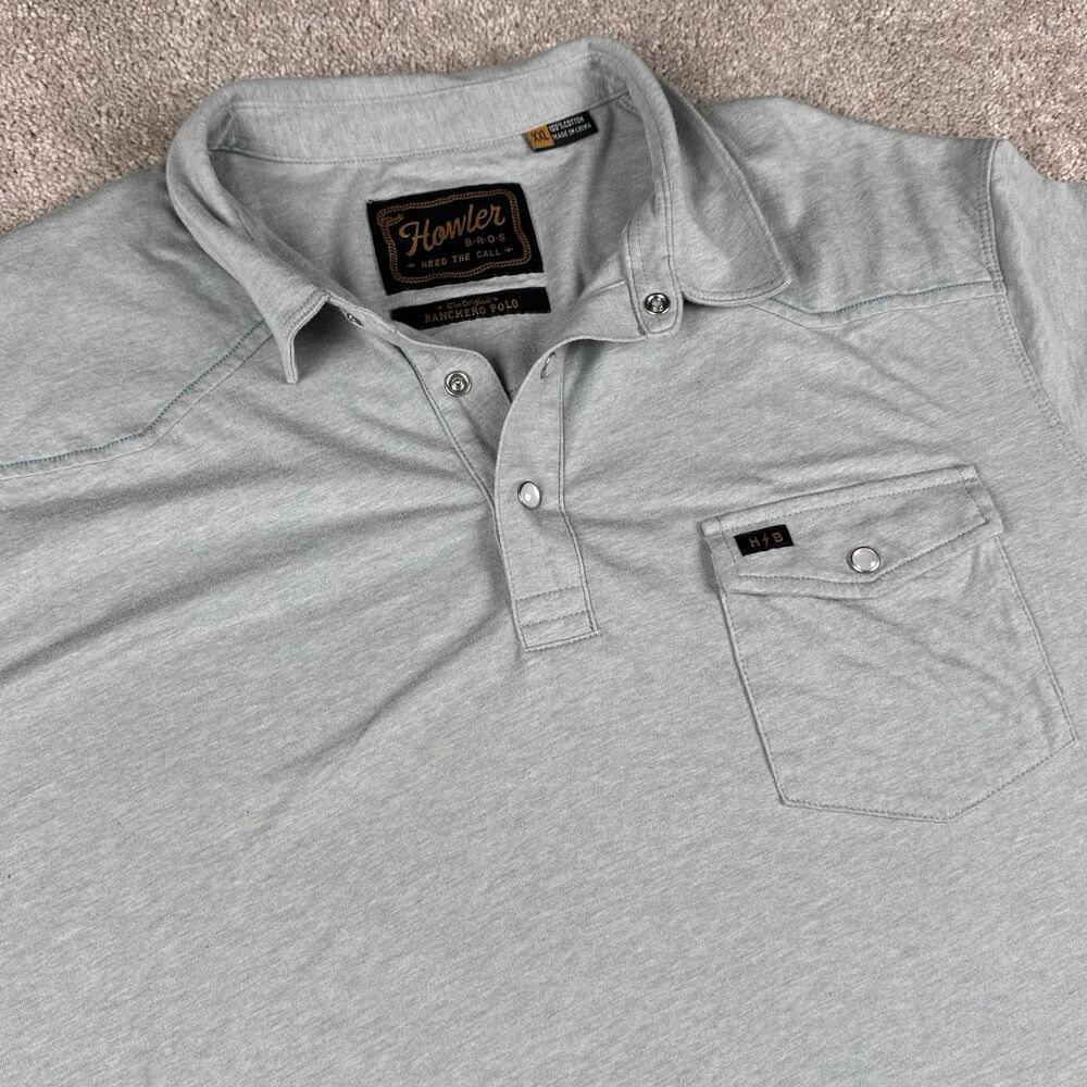 Howler Bros Polo Shirt Green Ranchero Polo Pearl Snap Pocket Cotton Men's 2XL
